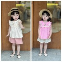 Bộ áo thô hàn cổ sen gắn stiker Gấu kết hợp quần linen Mozi cho bé gái