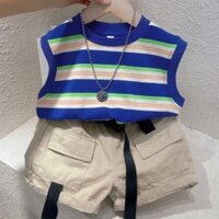 Bộ Áo Thun Ba Lỗ Kẻ Sọc Ngang + Quần Short Thời Trang Hè Hàn Quốc 2023 Cho Bé Trai