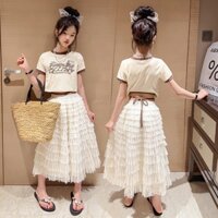 Bộ Áo Thun + Chân Váy Xếp Tầng Phong Cách Hàn Quốc Thời Trang Mùa Hè 2023 Cho Bé Gái