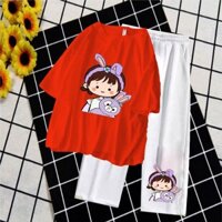 Bộ áo thun cô gái thỏ tím kèm quần ống rộng trắng size từ 9 đến 65kg