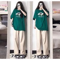 Bộ áo thun cừu xanh phối quần rộng kaki. Chất cotton mịn đẹp,form to.   Quần chất kaki be dày đẹp form to