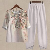 Bộ Áo Thun In Họa Tiết Hoa + Quần Harem Thời Trang Xuân Hè Thoải Mái Cho Nữ