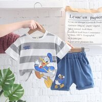 Bộ Áo Thun Kẻ Sọc In Hoạt Hình Vịt Donald + Quần Short Denim Thời Trang Mùa Hè Cho Bé
