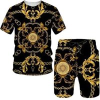 Bộ áo thun nam mùa hè thời trang mới có họa tiết Baroque cổ tròn in 3D cổ tròn quần short unisex dạo phố thể thao giản dị áo thun ngắn tay hai mảnh