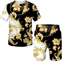 Bộ áo thun nam thời trang mùa hè retro họa tiết Baroque 3D in hình cổ tròn quần short bộ trung tính đường phố thể thao giản dị áo thun ngắn tay hai mảnh