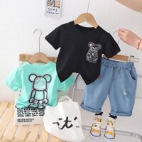 Bộ Áo Thun Tay Ngắn In Hình Gấu Hoạt Hình + Quần Short Jean Thời Trang Mùa Hè Cho Bé Trai