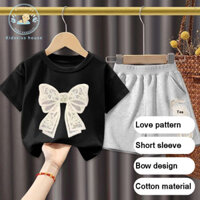 Bộ áo thun và quần short Cotton quyến rũ KH có nơ và thêu hoa cho bé gái