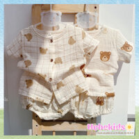 Bộ áo và quần bí vải xô họa tiết gấu nâu cho bé 4 -12kg Hebekids