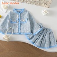 Bộ áo vàng mùa xuân thu Bear Leader phiên bản Hàn Quốc Áo khoác ngực đơn tua rua xanh + Váy xếp li Bộ đồ hai mảnh Quần áo trẻ em ngọt ngào