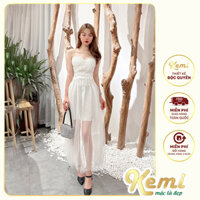 Bộ áo váy cúp ngực eo gân corset xương cá kèm chân váy ren xòe dáng dài 3 lớp Kemi