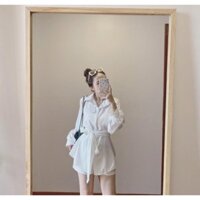 Bộ Áo Vest Dây Eo Kèm Quần, Set Áo Dài Nữ Quần Đùi Chất Đũi, Hàng loại 1