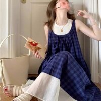 Bộ áo Vest kẻ sọc màu tím dáng rộng Váy treo nữ Bộ đồ hai mảnh mùa hè