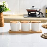 Bộ ba lọ đựng gia vị bằng gốm trắng có đế gỗ