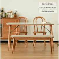 Bộ Bàn Ăn 4 Ghế Gỗ Sồi Mặt Đá Ceramic Và Mặt Bàn Gỗ, Ghế Ăn Thonet 18 Gỗ Tự Nhiên Phối Mây Hàng Gia Công Kỹ