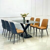 Bộ bàn ăn 6 ghế ăn nhập khẩu, bàn ăn 1m6 mặt đá ceramic phủ bóng chống xước, chân sắt sơn tĩnh điện
