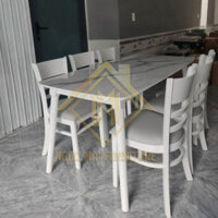 Bộ bàn ăn 6 ghế gỗ trắng, bàn ăn giả đá - mặt bàn 1m60 x 80cm chất liệu cao cấp, đi kèm ghế cabin siêu bền