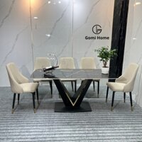Bộ Bàn Ăn Chân V Nẹp Vàng + 6 Ghế Sheraton Trám