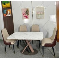 Bộ bàn ăn chân X phối 2 màu nâu hồng và đen, mặt đa Ceramic trắng bóng 1600 kết hợp 4 ghế ăn cao cấp SHERATON lưng nâu