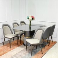 Bộ bàn ăn cơm 6 ghế nhập khẩu mặt đá ceramic phủ bóng chống xước , trụ gỗ, ghế bọc da phong cách Hàn Quốc