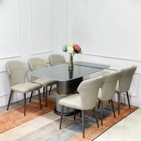 Bộ bàn ăn cơm 6 ghế nhập khẩu mặt đá ceramic phủ bóng chống xước , trụ gỗ, ghế bọc da phong cách Hàn Quốc