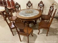 Bộ Bàn ăn Cù Lá gỗ Gụ Mật bàn tròn 8 ghế làm Màu Sáng