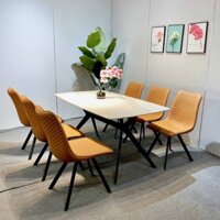 Bộ bàn ăn mặt đá Ceramic bóng chân chữ H kết hợp ghế Ring - Bàn 1m6  6 ghế