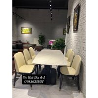 bộ bàn ăn mặt đá ceramic chống xước, ghế bọc da, chân ghế bọc inox mạ đồng cao cấp