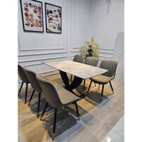 Bộ Bàn ăn mặt đá Ceramic Xám Trắng 1m6x80, Chân Sắt Dáng Cung Phủ Sơn Đen Tĩnh Điện, Ghế Loft Sọc Nhập Khẩu Newbox Home