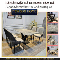 Bộ Bàn Ăn Mặt Đá Ceramic Xám Đá 1m6x80, Chân Sắt Dáng V Sơn Đen Tĩnh Điện, Ghế Nhập Khẩu Kiểu Dáng Xương Cá Newbox Home