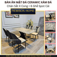 Bộ Bàn Ăn Mặt Đá Ceramic Xám 1m6x80, Chân Sắt Dáng X Sơn Đen Tĩnh Điện, 6 Ghế Nhập Khẩu Kiểu Dáng Spot Cải Newbox Home