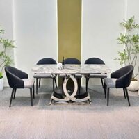 Bộ bàn ăn mặt đá chân inox ghế bọc da nhập khẩu, cao cấp – SP7626