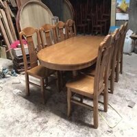 Bộ bàn ăn Oval 1m8, 8 ghế gỗ Sồi