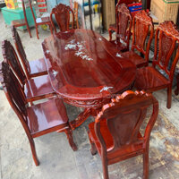 Bộ Bàn Ăn Oval Cẩn Hoa Hồng Kèm 8 Ghế Gỗ Tràm