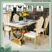 Bộ bàn ăn tân cổ điển chân Double Q kết hợp cùng ghế Át Tép ( ghế hoa mai) - Bộ bàn ăn mặt đá chân vàng