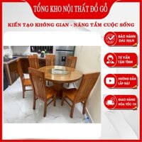 Bộ bàn ăn tròn có mâm xoay tiện lợi 6 ghế gỗ xoan ta tự nhiên kèm kính giá rẻ