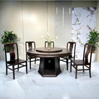 Bộ Bàn Ăn Tròn Gỗ Gụ Nam Phi Mặt Đá Nhập Khẩu Cao Cấp – SP13713