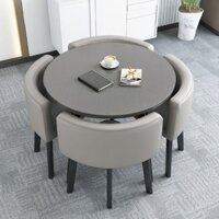 Bộ bàn ăn tròn Vân Đá kèm 4 ghế da cao cấp - bộ bàn ăn thông minh - bộ bàn ghế ăn cơm hiện đại