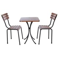 Bộ bàn cafe ngoài trời 2 ghế gỗ chân sắt cao BBCF12