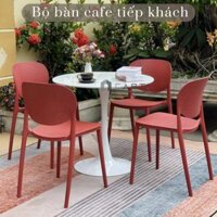 Bộ bàn cafe tiếp khách văn phòng Bộ bàn ăn tròn mặt đá 4 ghế nhựa xếp chồng nhỏ gọn SL TULIP 2-08E3  CAT - Đỏ