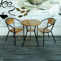 Bộ bàn cafe tròn 2 ghế gỗ chân sắt cao BBCF36