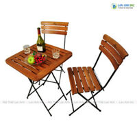 Bộ bàn cafe vuông gỗ nan chân sắt 2 ghế cao xếp gọn BBCF32