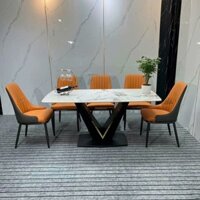 Bộ bàn ghế ăn 06 ghế, chân V nẹp vàng