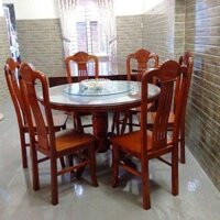 Bộ bàn ghế ăn bàn tròn gỗ tự nhiên có kính xoay gồm 6 ghế