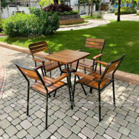 Bộ bàn ghế cafe 4 ghế gỗ chân sắt có tay đẹp BBCF35