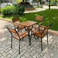 Bộ bàn ghế cafe vuông 4 ghế gỗ chân sắt có tay đẹp BBCF35