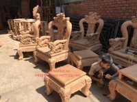 Bộ Bàn Ghế Gõ Đỏ Nghê Đỉnh Tam Sư Tay 14 Tay Lân Nguyên Khối (10 món) – SLG6MV