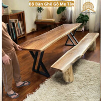 Bộ Bàn Ghế K3 Gỗ Me Tây Nguyên Tấm (1 Bàn - 2 Ghế Băng), Làm Bàn Ăn, Bàn Sân Vườn - Xưởng Mộc Maido