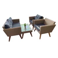 Bộ bàn ghế nhựa giả mây mặt kính màu nâu