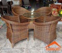 Bộ Bàn Ghế Nhựa Giả Mây Mặt Kiếng Tròn, Màu Nâu HV003