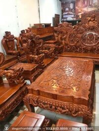 Bộ bàn ghế Rồng đỉnh 2m3 gỗ hương đá 12 món đục chạm tinh xảo